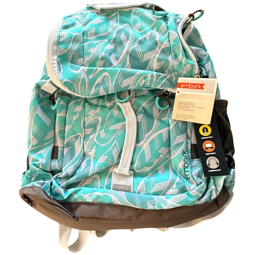 Embark Jartop Backpack Laptop Sleeve Padded Straps Teal White 17x13x9 Unisex